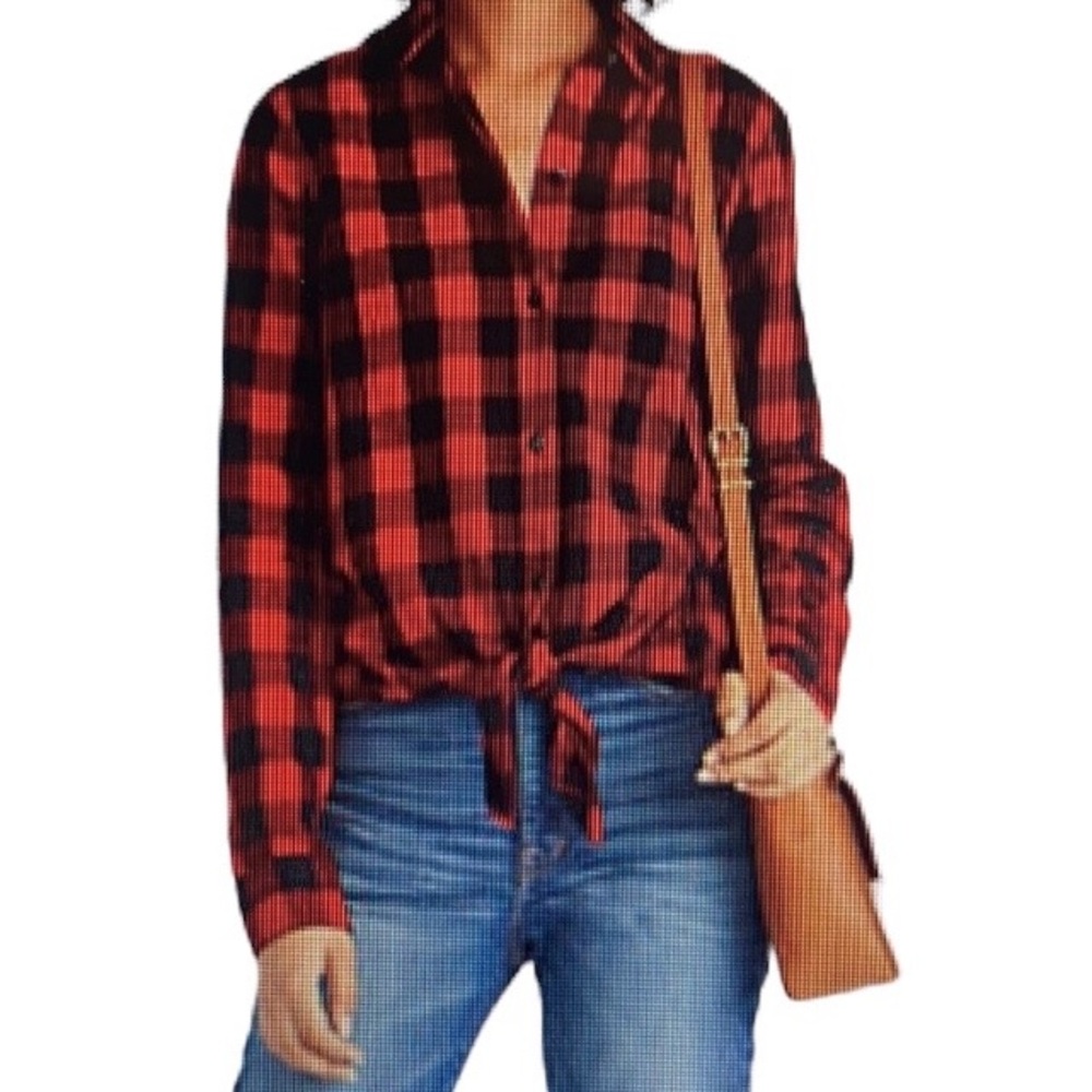 Madewell Red & Black Buffalo Check Tie Front Button Down Flannel Shirt S…